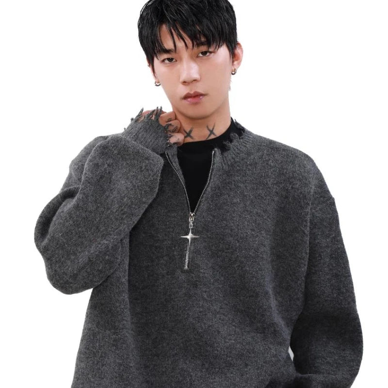 varsity flame knitwear, statement sweater, cozy knitwear for men, oversized grunge aesthetic winter top