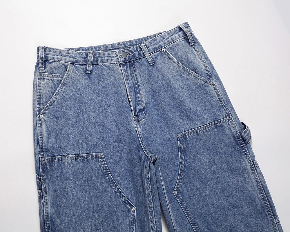 2024 new fashion blue pockets jeans for men and women streetwear casual cargo pants washed solid color denim trousers oversized unique cargo style 4490