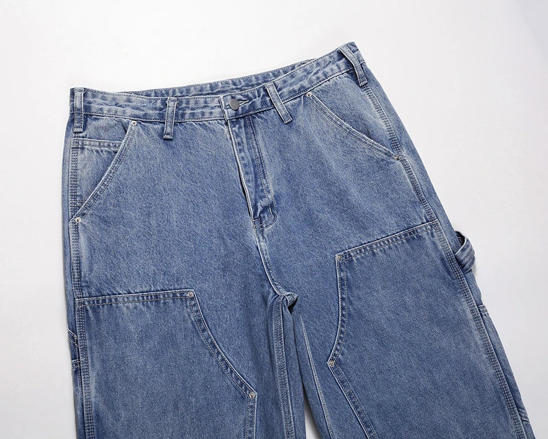 2024 new fashion blue pockets jeans for men and women streetwear casual cargo pants washed solid color denim trousers oversized unique cargo style 4490