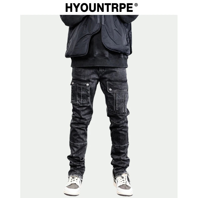 retro washed denim jeans mens bottom zipper jean trousers with pockets hip hop fashion high street slim fit pants joggers jeans relaxed fit joggers