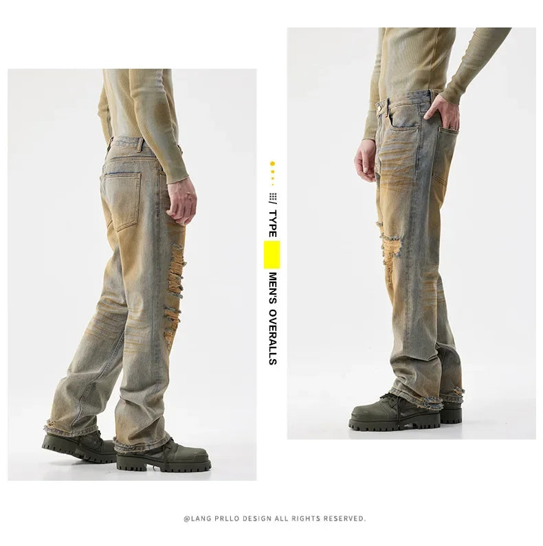 men patch hole distressed plus size denim pant ripped jeans streetwear fashion hip hop vibe loose casual baggy jeans trousers 40 unique jeans style 3179