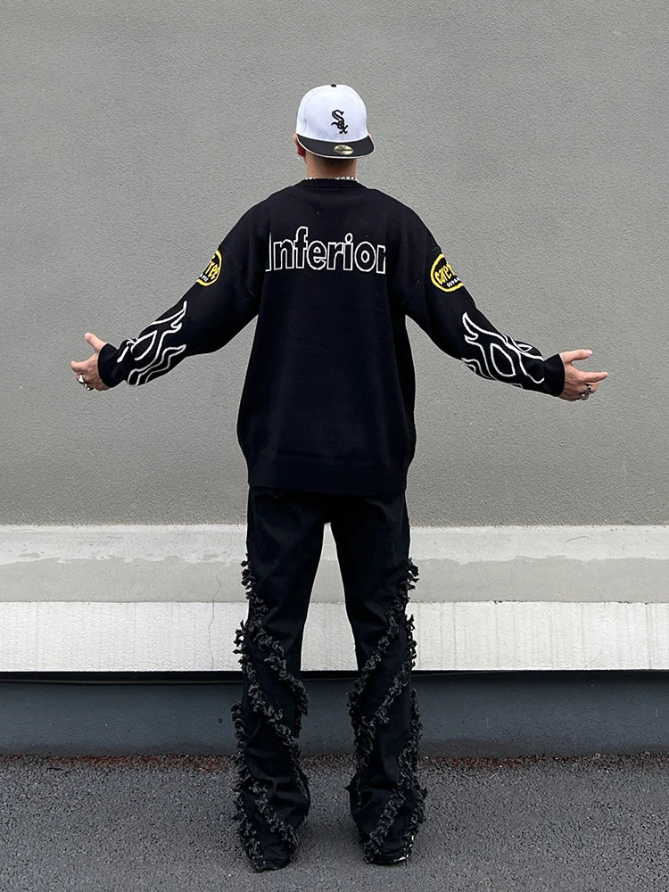 hip hop knitted sweater men letter fire pattern o neck pullover streetwear casual loose sweater unisex harajuku jumpers knitwear trendy hip hop style outerwear, urban wear with bold artwork, oversized graphic print design