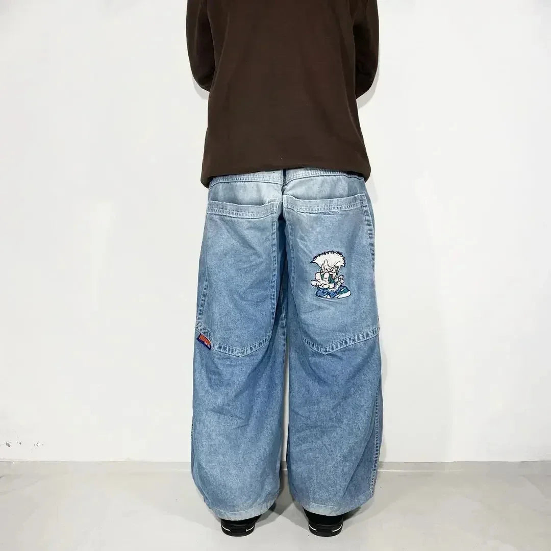 american y2k new fashion pattern embroidered spot straight jeans men street hip hop retro loose wide leg pants couple punk jeans unique jeans style 2914