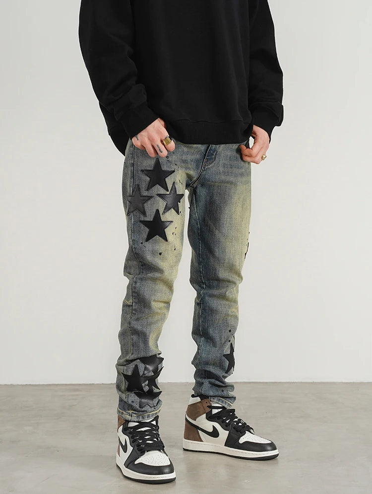 star appliques denim jeans skinny trousers slim fit men new casual biker jeans fashion streetwear hip hop trousers pants joggers unique joggers style 3554