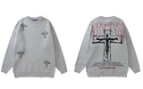 vintage sweaters y2k grunge streetwear hip hop ripped hole knitted cross punk gothic jumpers fashion harajuku casual pullover oversized graphic print design, unique limited edition hoodie, aesthetic street look hoodie