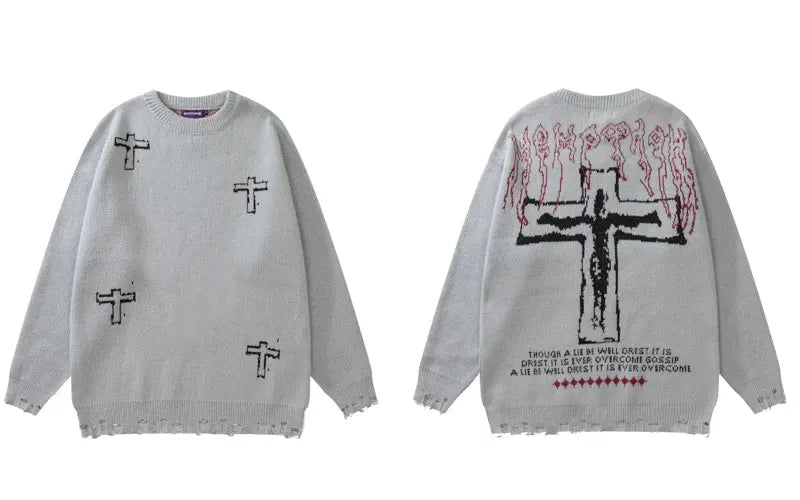 vintage sweaters y2k grunge streetwear hip hop ripped hole knitted cross punk gothic jumpers fashion harajuku casual pullover oversized graphic print design, unique limited edition hoodie, aesthetic street look hoodie