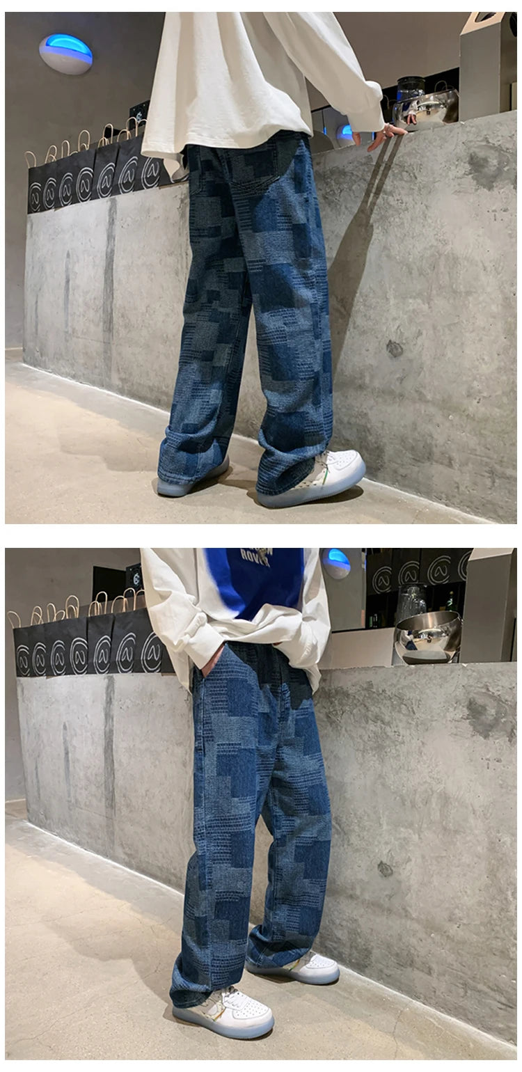 blue black plaid jeans men retro casual wide leg jeans mens streetwear loose hip hop straight denim trousers men vintage jeans unique jeans style 3930