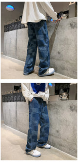blue black plaid jeans men retro casual wide leg jeans mens streetwear loose hip hop straight denim trousers men vintage jeans unique jeans style 3930