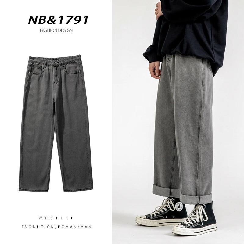 korean fashion mens baggy jeans classic all match solid color straight leg denim wide leg pants male light blue grey black unique jeans style 1153