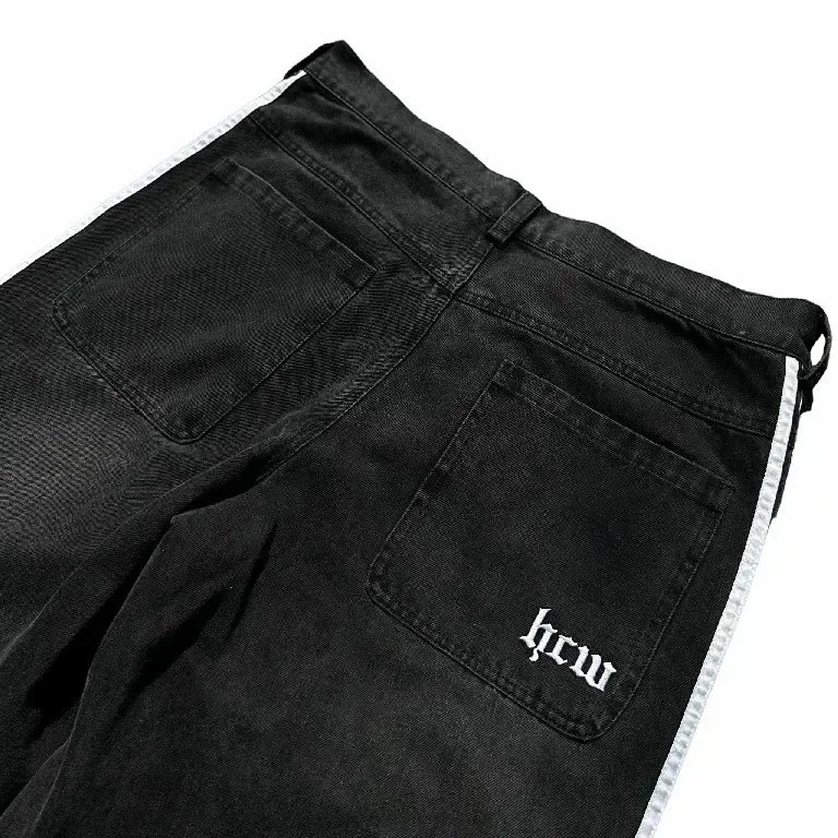 gothic embroidered wide leg denim pants high street streetwear harajuku retro hip hop mens jeans y2k black striped baggy jeans urban skinny jeans
