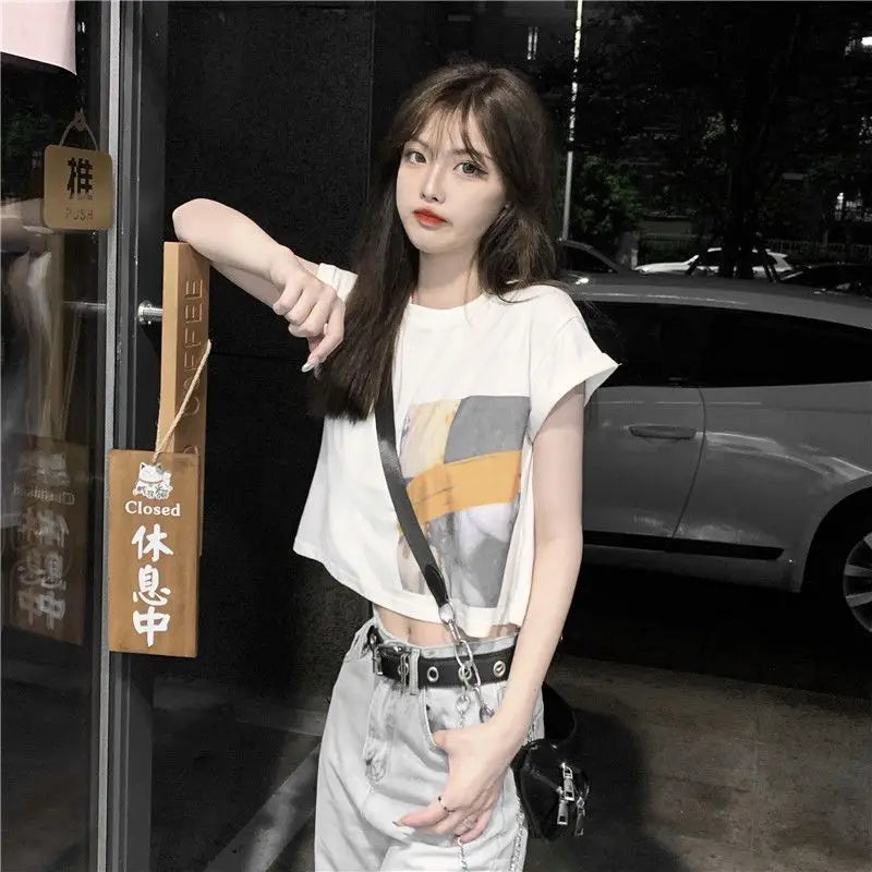 Skatercore Vintage print – New Summer New Pure Cotton Discreet Navel Baring Short Sleev