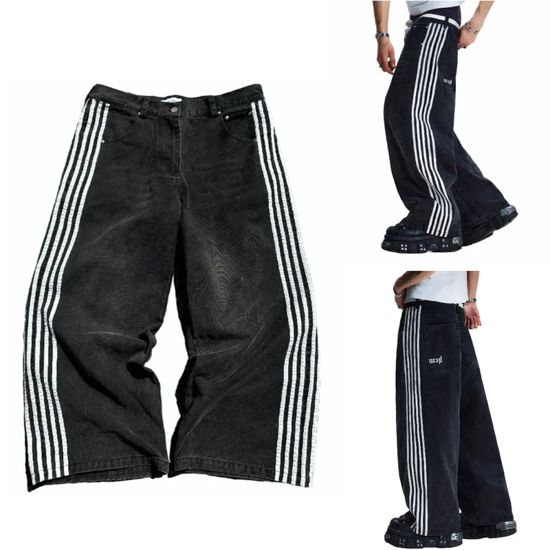 new hip hop baggy jeans harajuku goth y2k jeans for men black striped embroidered wide leg denim pants high street streetwear vintage washed jeans