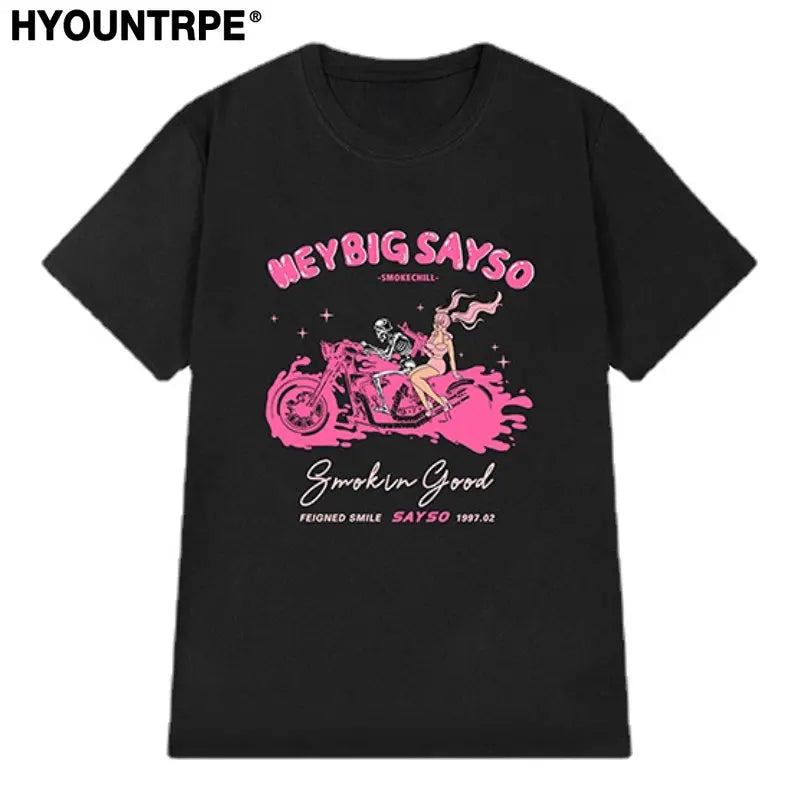 Glitchcore Graphic tee – Pink Anime Skull Printed T Shirt Hip Hop Streetwear Oversize