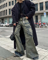 streetwear heavy craft washed distressed faded jeans flare slim straight tassel jeans for men and women raw edge denim pants unique jeans style 663