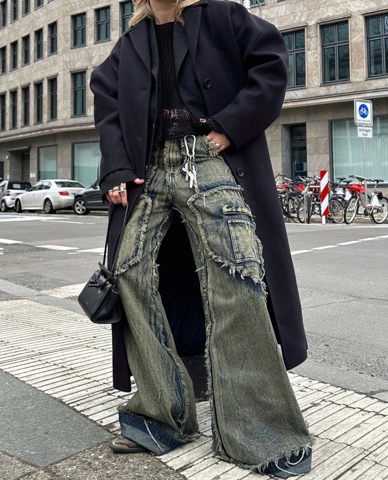 streetwear heavy craft washed distressed faded jeans flare slim straight tassel jeans for men and women raw edge denim pants unique jeans style 663