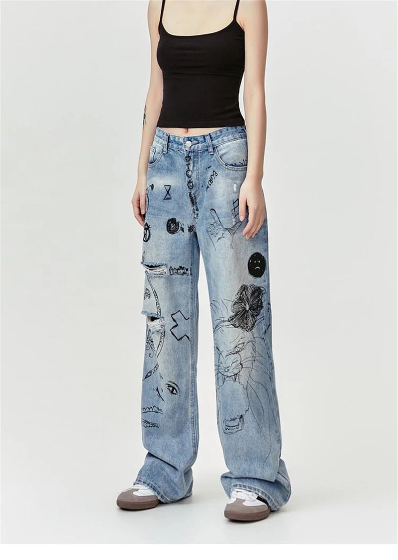 men baggy ripped jeans graffiti printed straight denim pants distressed jeans male streetwear hip hop jeans trousers y2k unique jeans style 5594