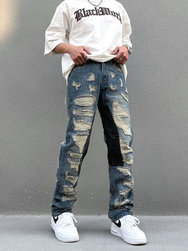 destroy ripped scratched patchwork denim jeans mens casual straight biker zipper trousers streetwear hip hop jean pants joggers unique joggers style 3903