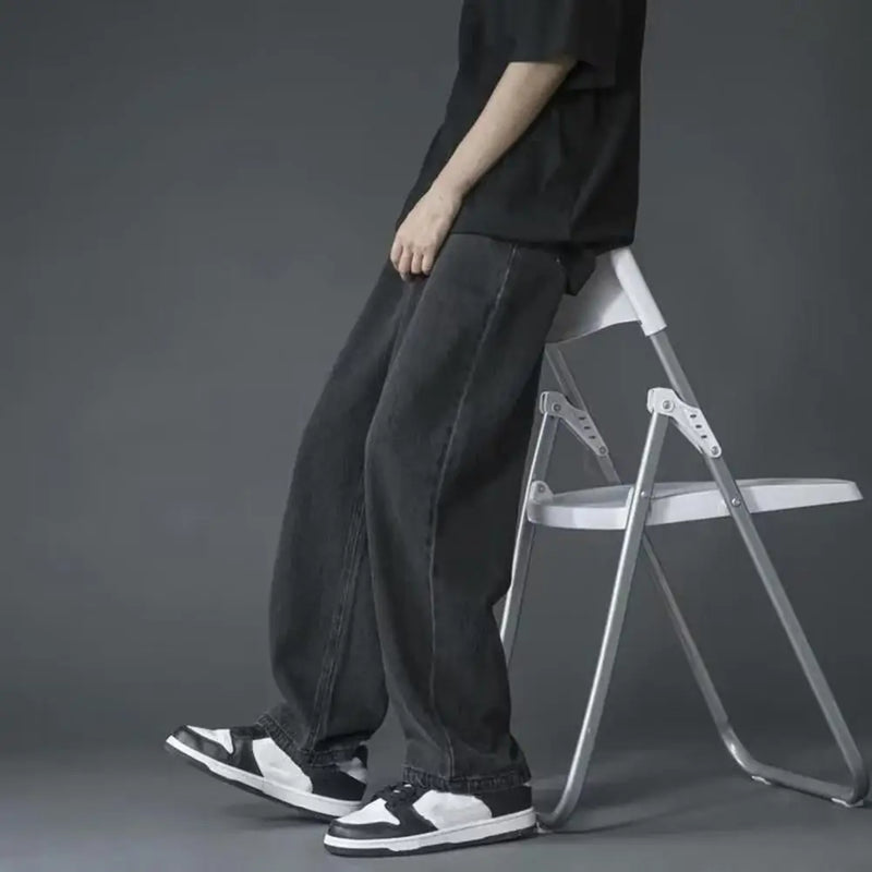korean mens casual long jeans loose retro straight baggy pants denim wide leg pants light blue grey black retro washed jeans unique jeans style 1257