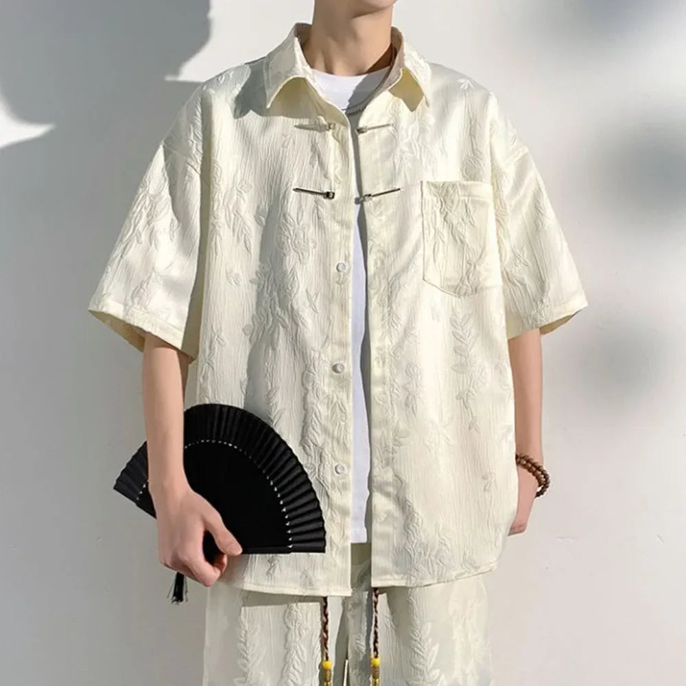 Mens Chinese Loop Buckle Jacquard Design Shirt Daily Casual Personality Versatile Loose Short-sleeve Tops Unisex 2024 Summer