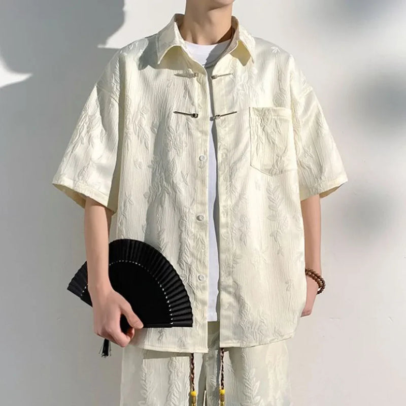 Mens Chinese Loop Buckle Jacquard Design Shirt Daily Casual Personality Versatile Loose Short-sleeve Tops Unisex 2024 Summer