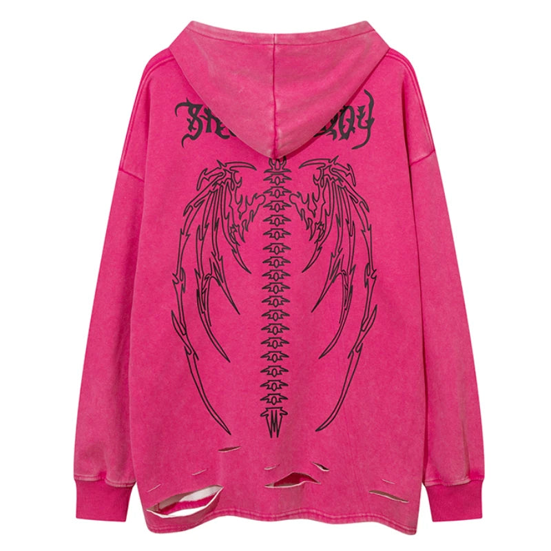 skatercore tribal flames featuring fashion skull printed hoodies hip hop retro washed bottom ripped sweatshirt streetwear men hooded warm fleece loose tops hoodies