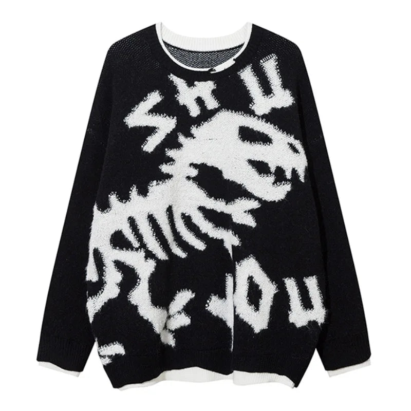 hip hop knitted sweater mens o neck dinosaur pattern fake two pieces pullover streetwear casual loose sweater jumper knitwear - trendy hip hop fashion hoodie, urban fashion pullover, gothic aesthetic hoodie for winter