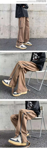 2023 cool design side zipper baggy men cargo jeans pants vintage brown straight cotton hip hop long trousers pantalones hombre unique cargo style 5831