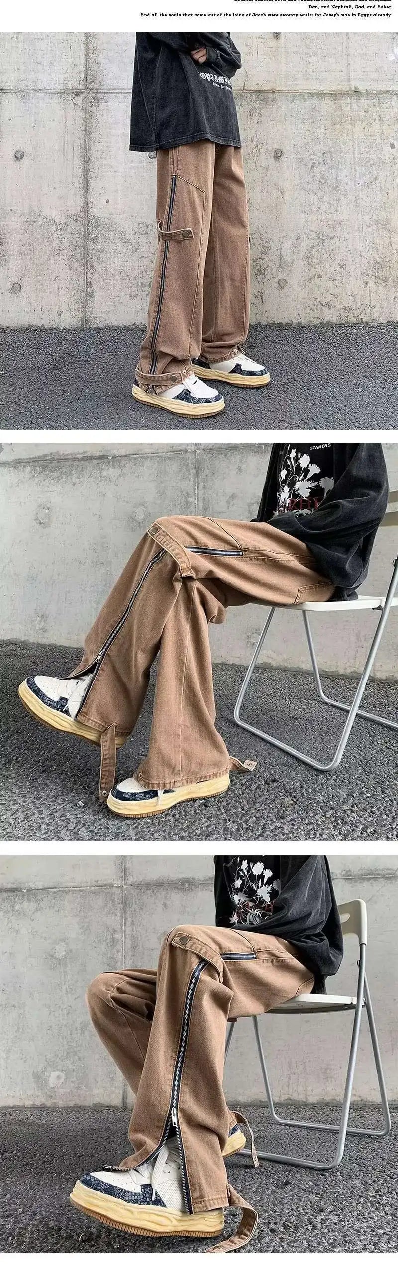 2023 cool design side zipper baggy men cargo jeans pants vintage brown straight cotton hip hop long trousers pantalones hombre unique cargo style 5831
