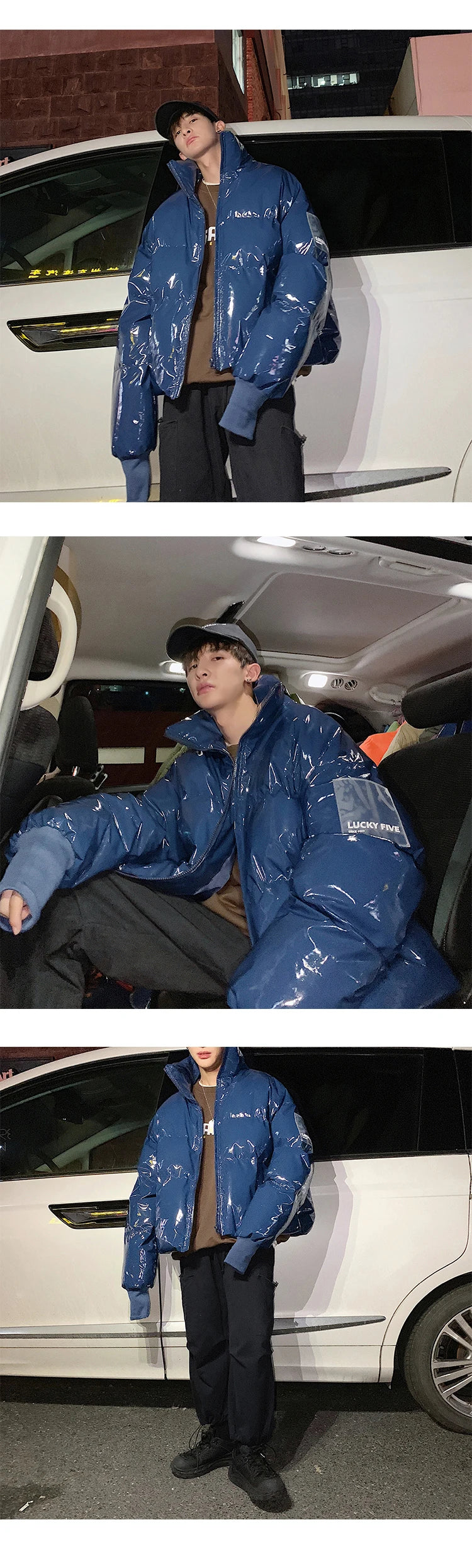 Winter Jacket Men Parkas Thicken Warm Coat Stand Collar Oversize Parkas Bright Leather Fabric Jacket Korean Style Padded Coat
