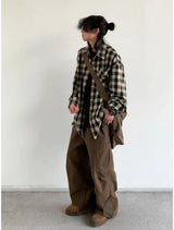 japanese college mens sets rough edge embroidery plaid shirt jackets big pocket retro cargo pants 2 pcs 2024 new casual suits unique cargo style 4438