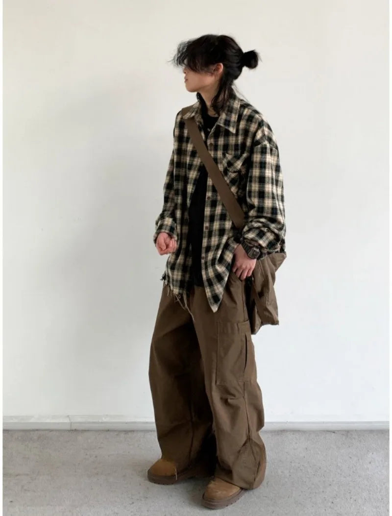japanese college mens sets rough edge embroidery plaid shirt jackets big pocket retro cargo pants 2 pcs 2024 new casual suits unique cargo style 4438