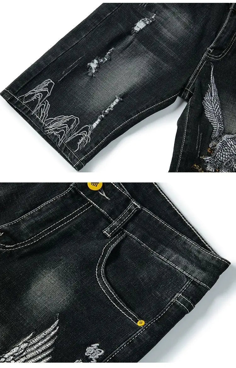 Summer Embroidered Eagle Denim Shorts Men's Summer Thin Fit Good Quality Ripped Five Points Pirate Shorts