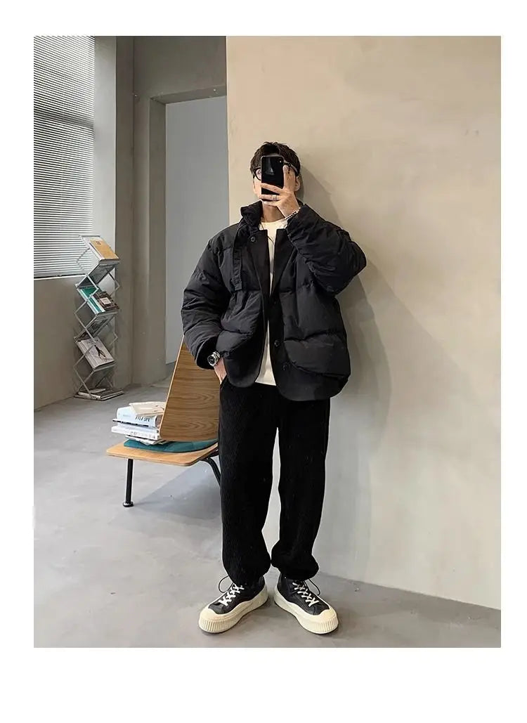 Korean street trend men and women retro personality fake two piece design couple winter loose thick casual jacket top harajuku