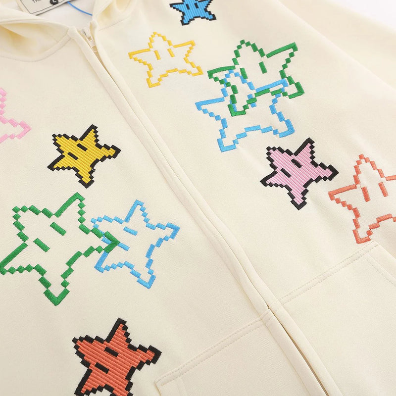 Hip Hop Zip Up Hoodie Jacket Y2K Star Embroidered Fleece Hooded Coat 2