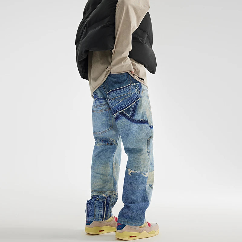 fashion fake patchwork printed denim jeans mens new casual zipper straight loose jeans streetwear hip hop baggy pants joggers relaxed fit joggers