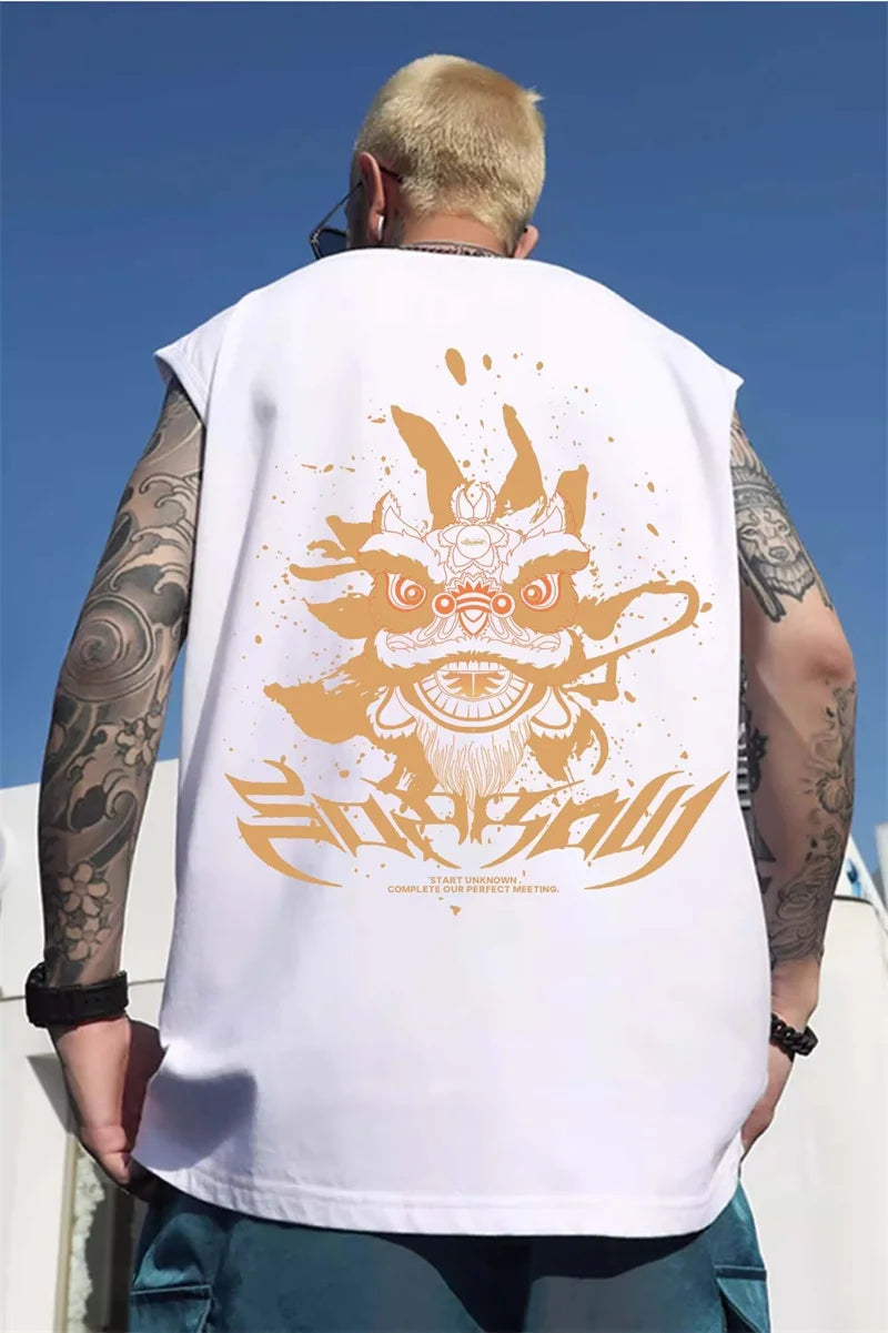 Gothic Oversized shirt – Summer Anime Lion Dance Printed Sleeveless T Shirt Men Overs