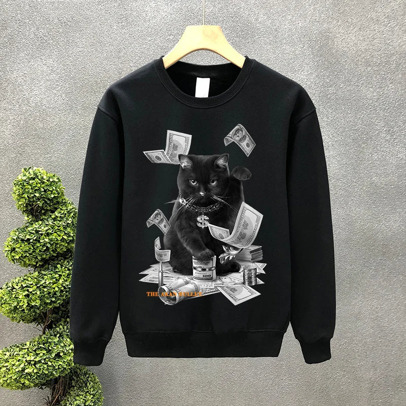 Cartoon Money Cat Graphic Printed Crewneck Sweatshirts Hombre Hip Hop