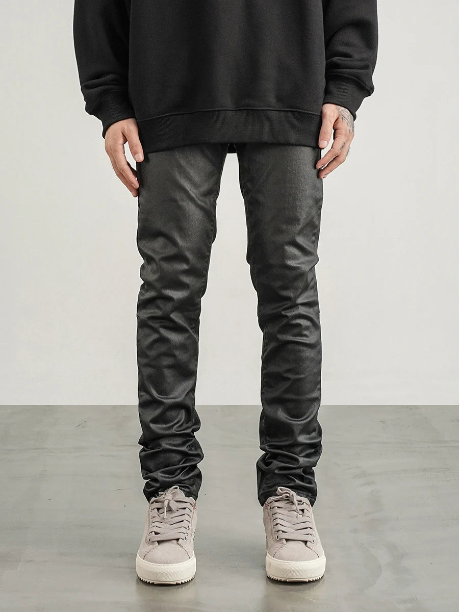 men pants high street wax coating pant casual streetwear hip hop zipper trousers harajuku fashion slim fit skinny pants joggers unique joggers style 2124