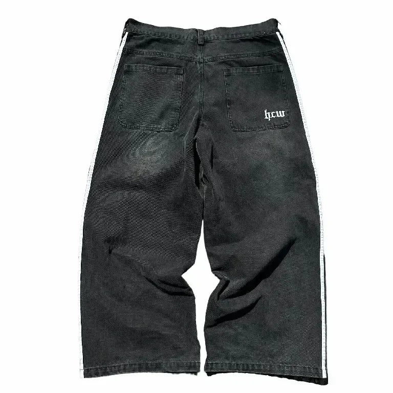 new hip hop baggy jeans harajuku goth y2k jeans for men black striped embroidered wide leg denim pants high street streetwear stacked flare jeans