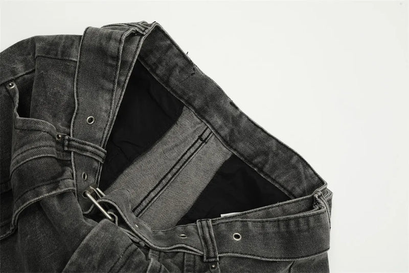 american high street vibe fashion splice jeans mens belt loose casual vintage wide leg straight denim baggy jeans pants trouser unique jeans style 1453