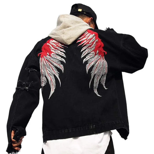 Back Wing Embroidery Denim Jacket Coat Mens Fashion Hip Hop Harajuku Jean Coats Outerwear Casual Streetwear Jeans Baggy Jacke - variant style f8dff7 for streetwear fashion