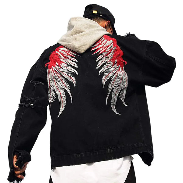 Back Wing Embroidery Denim Jacket Coat Mens Fashion Hip Hop Harajuku Jean Coats Outerwear Casual Streetwear Jeans Baggy Jacke - variant style f8dff7 for streetwear fashion