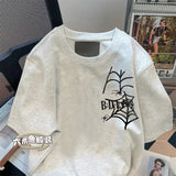 Y2k Broken heart – Trendy Street American Spider Web Print Round Neck Short Sle