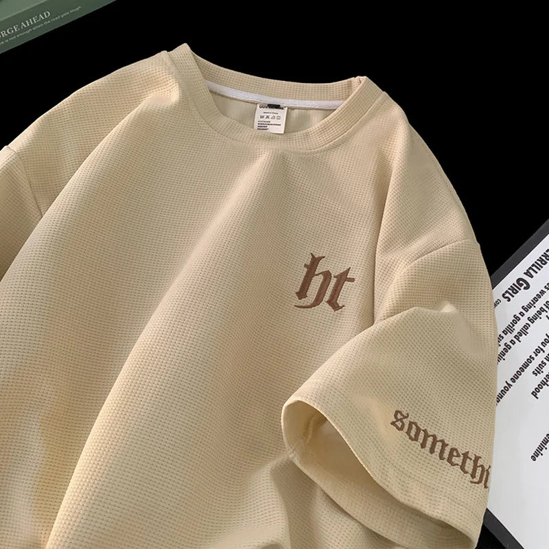 Glitchcore Aesthetic drop – 2024 Summer Letter Embroidered Waffle T Shirt Mens Y2K Vinta