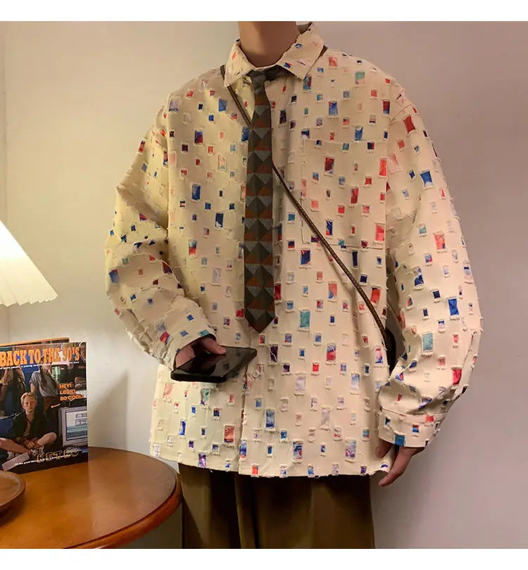 Oversized Fashion Casual Color Plaid Shirt Men Streetwear Loose Long Sleeved Shirt