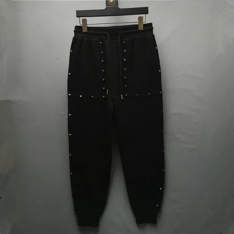 high new novelty luxury men 2022 classic full metal rivets pockets comfortable cotton parkour sweat casual pants sweatpants d50 sporty tapered joggers