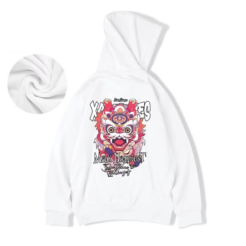 New Lion Dance Graphic Hoodies For Men Y2K Streetwear Fleece Hooded Sweatshirts