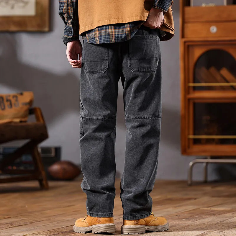 men retro fashion streetwear loose casual plus size straight denim cargo jeans pants man black gray jeans trousers military streetwear pants