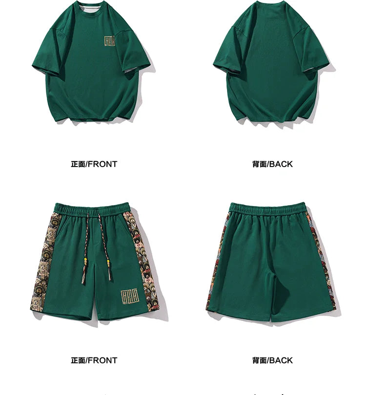 Summer New 4Colors Men Sets Casual Short-sleeved O-neck Tshirt Side Embroidery Knee-length Trousers Fashion Street Men Suits