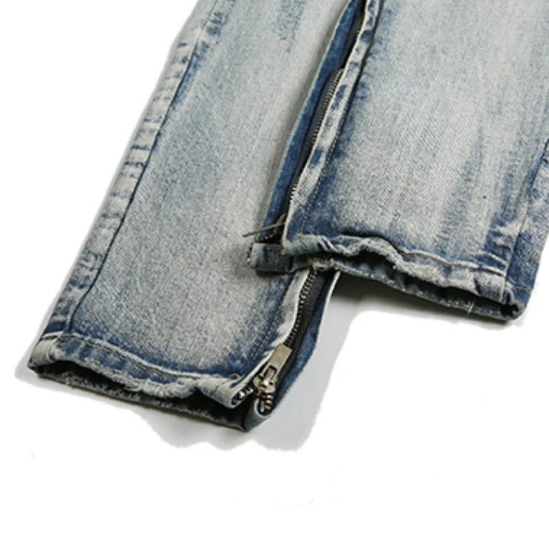 bottom zipper destroyed washed jeans skinny jeans ripped holes trousers men biker jeans fashion streetwear hip hop pants joggers unique joggers style 3011